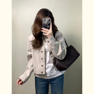 浅杏色短款圆领夹克外套女春秋季韩系温柔风宽松显瘦休闲百搭上衣