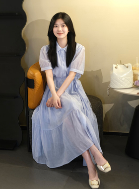 温柔韩系风浅蓝色娃娃领衬衫连衣裙女夏收腰显瘦蛋糕裙小个子长裙