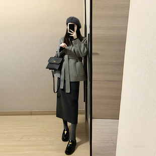 清仓短款灰色呢子大衣女秋冬装新款高级感毛呢外套小个子爆款系带