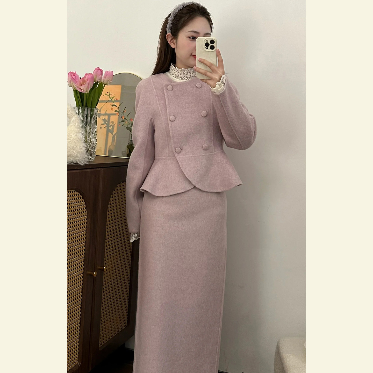 轻熟简约风双排扣粉色套装裙女秋冬季小香风毛呢外套半身裙两件套,女装/女士精品,时尚套装,淘宝优惠券,粉丝福利购,淘宝优惠卷