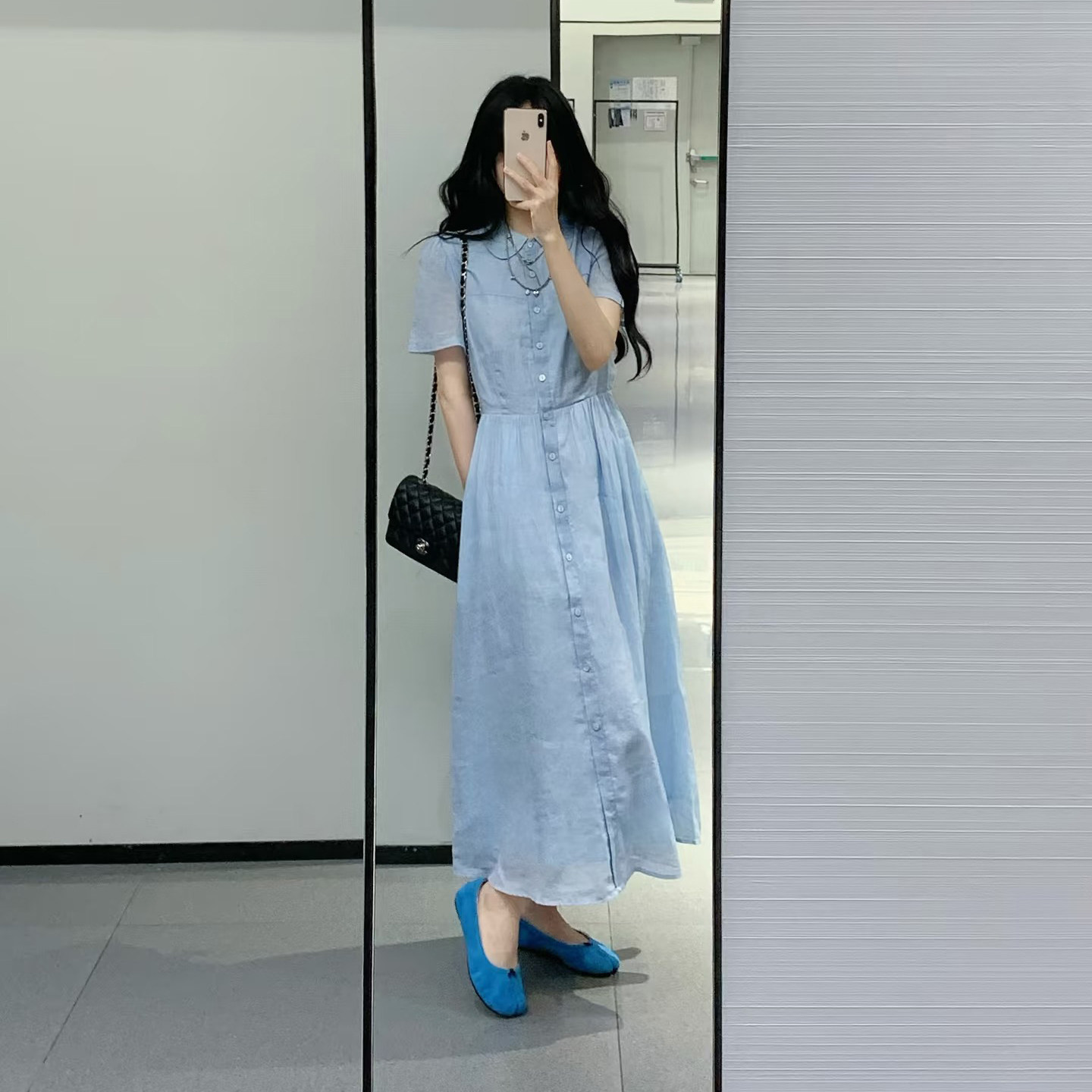 韩系松弛感蓝色连衣裙女夏季小个子棉麻衬衫裙高腰显瘦长款衬衫裙