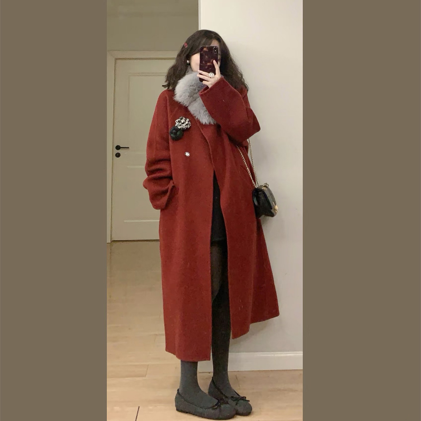 轻熟风氛围感红色毛呢外套女小个子中长款秋冬季新款暗扣呢子大衣