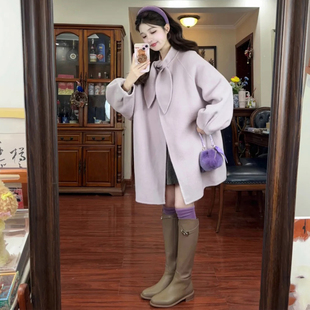 温柔风兔耳朵紫色毛呢外套女秋冬中长款气质高级感小个子呢子大衣