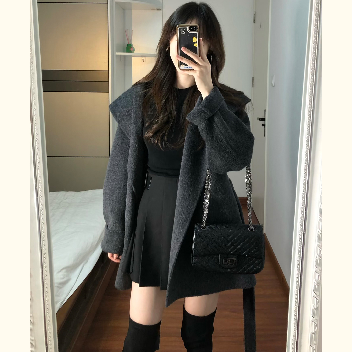 灰色系带收腰连帽毛呢大衣女秋冬新款中长款赫本风小个子气质外套