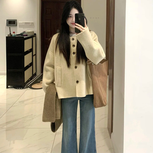 小个子高级感气质呢子大衣 新款 韩式 简约风米白色毛呢外套女秋冬装