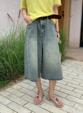 【COMOS CMS】2026美式复古做旧毛边宽松阔腿7分牛仔裤秋季255092