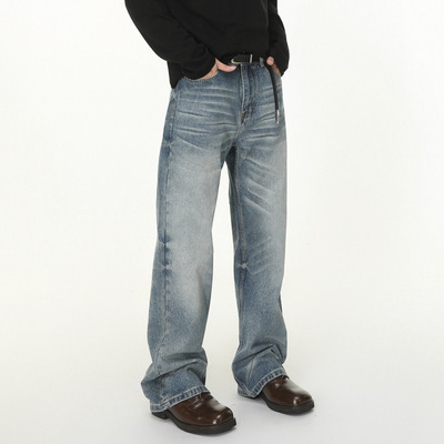 MTLCLOTHES男装|美式vibe猫须水洗纹折痕做旧宽松直筒牛仔裤百搭