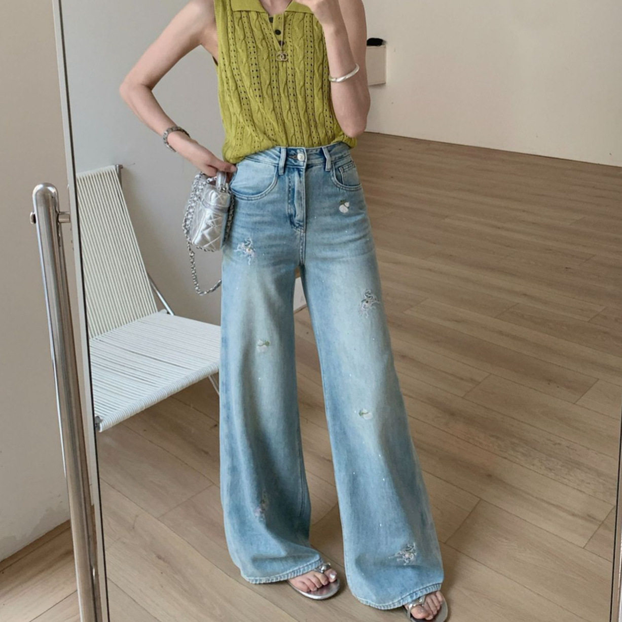 2026夏新款马年限定刺绣宽松阔腿牛仔裤女薄款慵懒风显瘦南油长裤