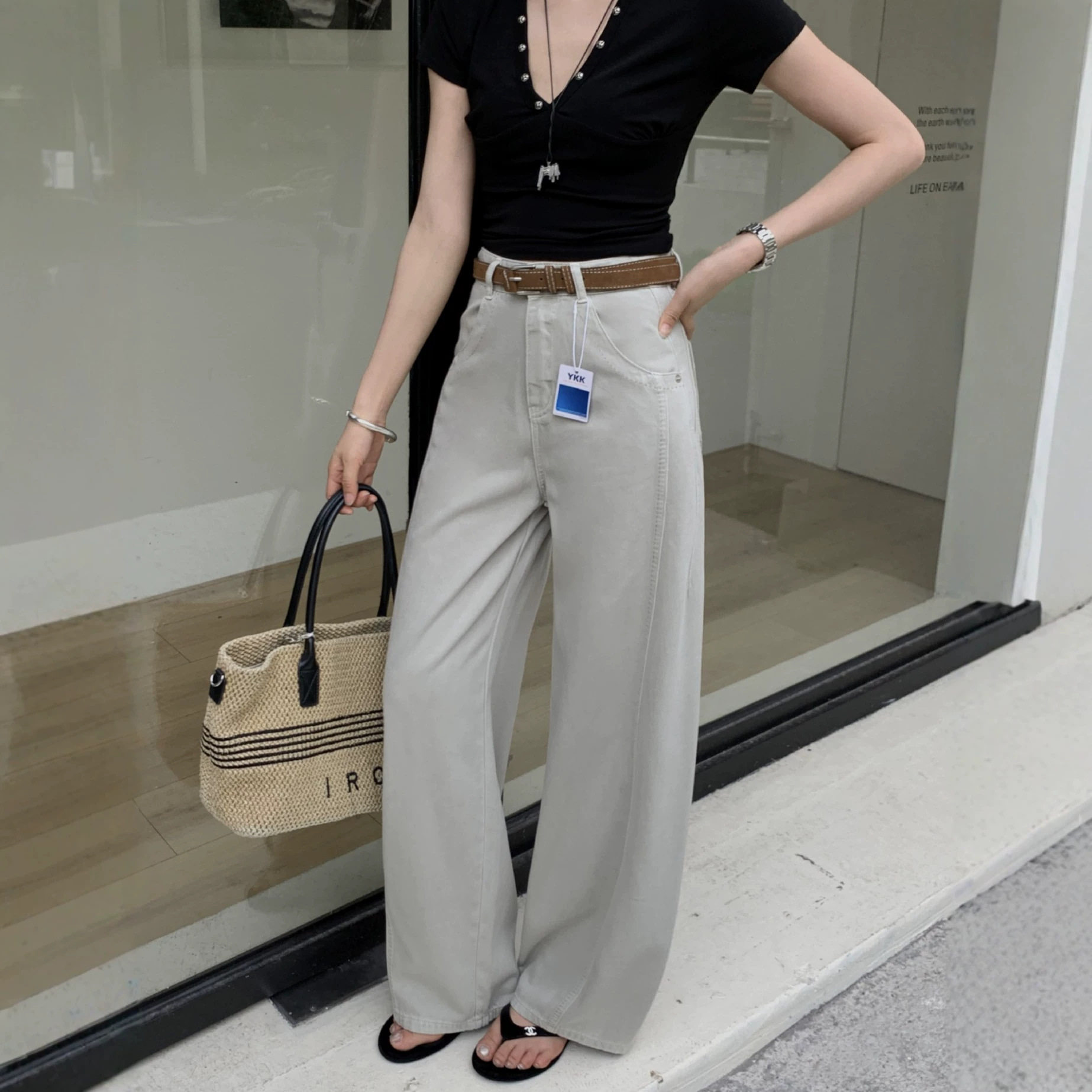 2026夏季新款大牌平替十三行薄款牛仔裤女弯刀裤明线宽松阔腿裤女