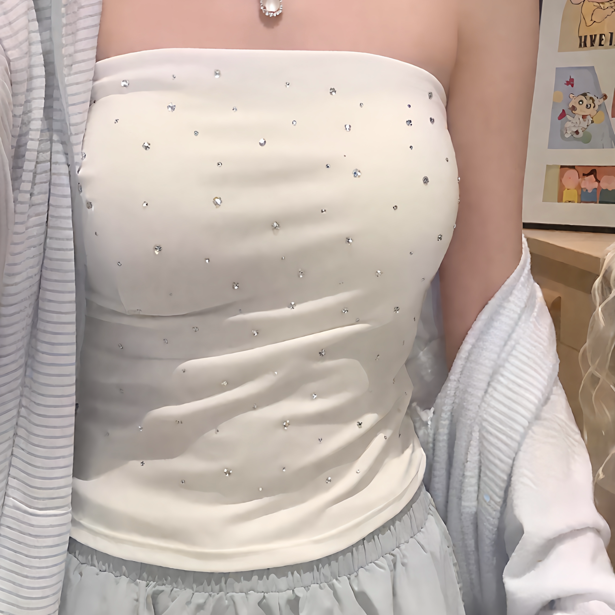 性感百搭烫钻无肩带修身抹胸女夏