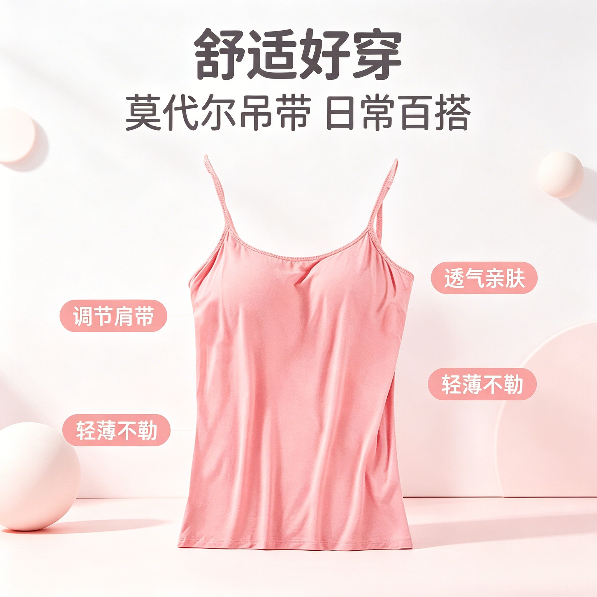 莫代尔粉色带胸垫透气吊带背心女