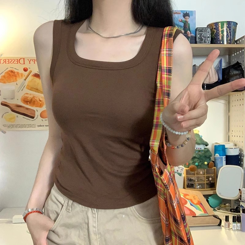 修身百搭撞色U领拼接吊带背心女