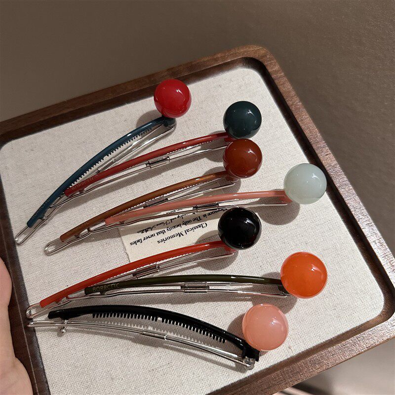 韩系超火糖果色球球盘发发夹一字青蛙扣后脑勺发卡简约高级感发饰