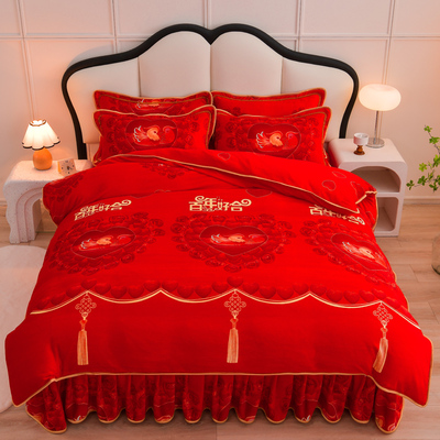 冬季加绒加厚保暖婚庆大红牛奶绒四件套结婚床裙款中国风床上用品