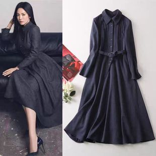 宋慧乔同款翻领长袖连衣裙通勤百搭气质收腰长裙女时尚精致A字裙