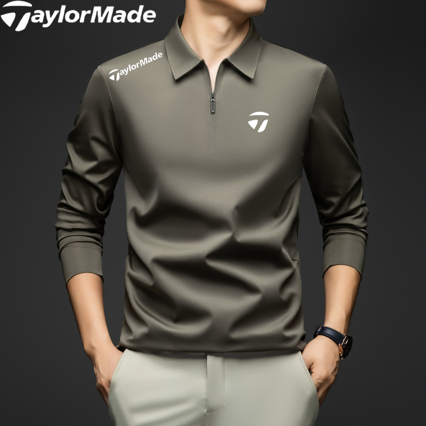 TaylorMade泰勒梅男士秋季长袖POLO衫翻领拉链速干运动休闲T恤