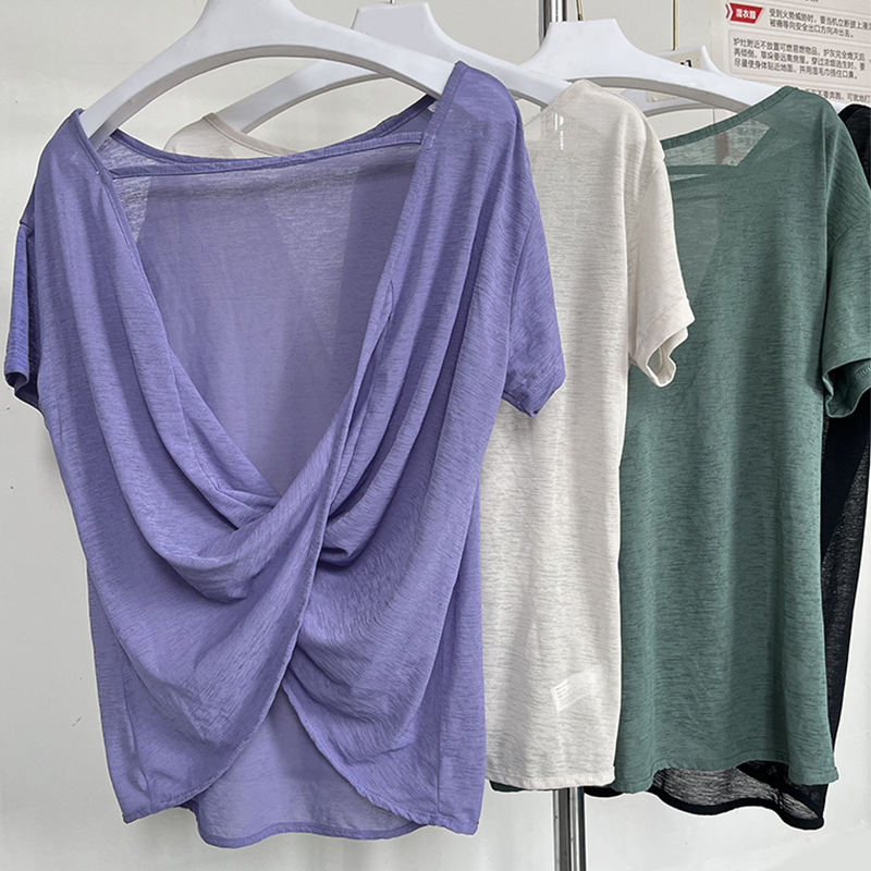 夏季罩衫性感露背瑜伽服短袖t恤女 夏季薄款交叉美背健身休闲上衣