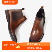 加绒新款 手工鞋 高档英伦厚底切尔西靴男潮真皮马丁靴方头高帮短靴