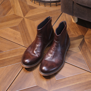 英伦复古手工擦色切尔西靴圆头真皮拉链男士商务正装休闲鞋马丁靴