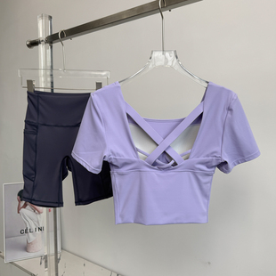 瑜伽服女运动上衣高级感短袖带胸垫普拉提跳操显瘦美背健身服套装