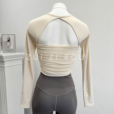 带胸垫露背瑜伽服女长袖普拉提训练修身显瘦健身运动上衣网纱拼接