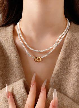 小众双层米白仿珍珠金属扣毛衣链