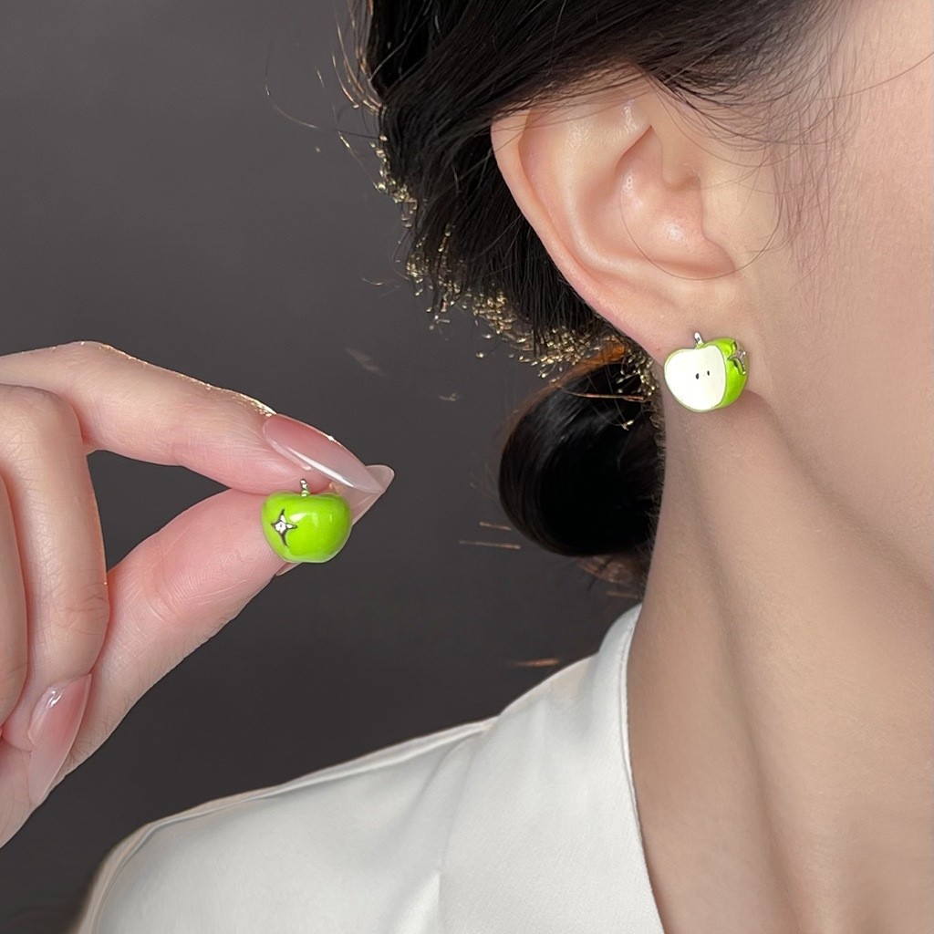 超爱不对称珐琅青苹果趣味耳饰女