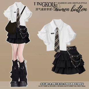女童初中学院风演出服白色短袖衬衫蛋糕裙两件套少女减龄蓬蓬裙