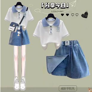 青少年学院风polo领短袖T恤套装女夏季2件套大童初中生穿搭一整套