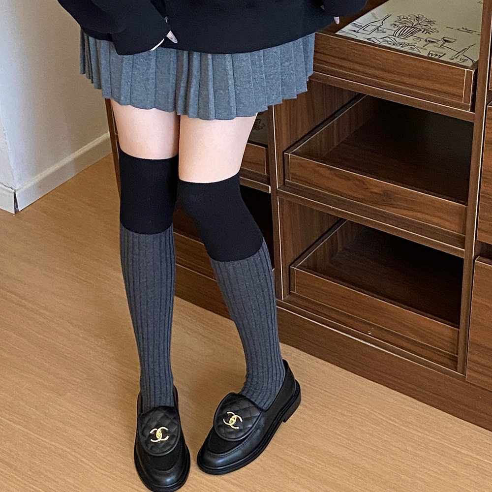 ins韩国东大门早秋拼色撞色过膝袜双针精梳棉大腿袜基础打底女袜