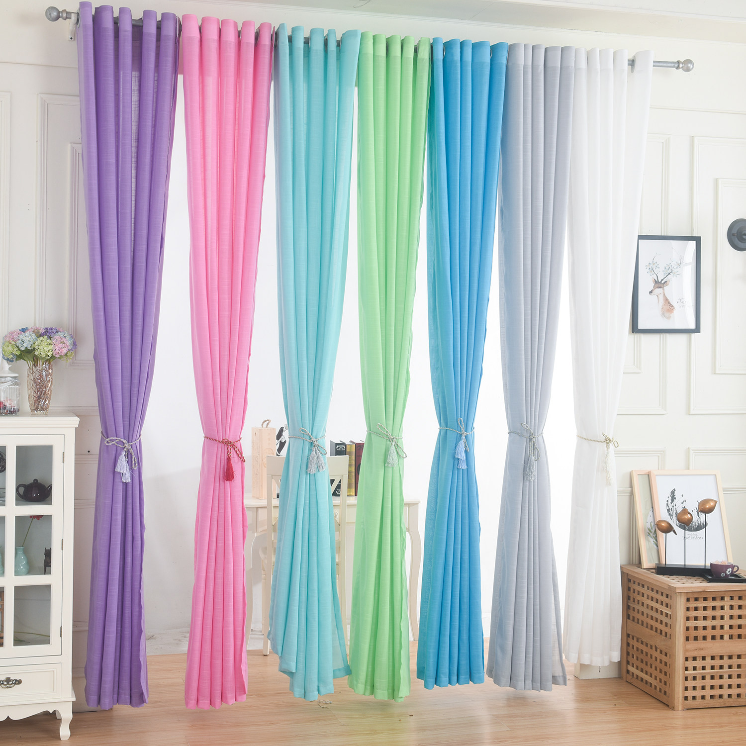 窗帘纱帘成品北欧简约半遮光布卧室客厅儿童挂钩穿杆式纯色亚麻纱