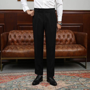 子 男小直筒长裤 IsirHonour意式 商务黑色那不勒斯双褶高腰卷边西裤