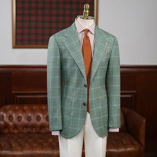 IsirHonour意式绿色窗格精纺羊毛绢丝混纺修身英伦西装格子西服男