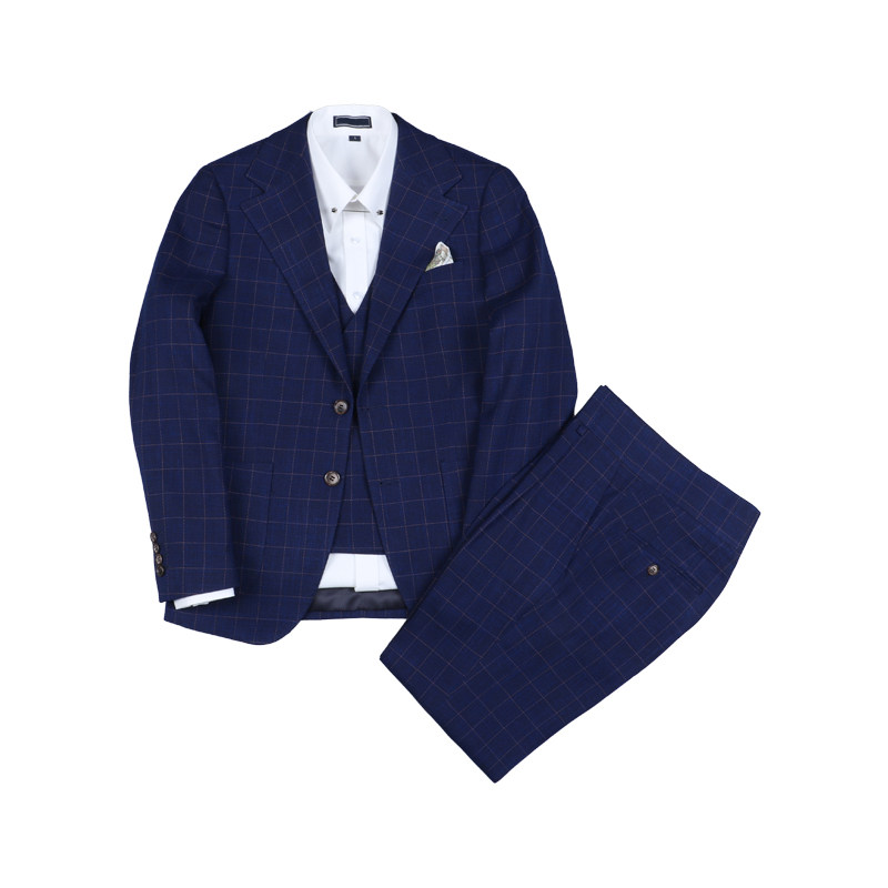 ISIRHONOUR HAUTE COUTURE NAPLES BRITISH VINTAGE BLUE PLAID SUIT THREE-PIECE MENS SUIT TREND
