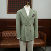 双排扣西装 IsirHonour复古牛油果绿灯芯绒男装 戗驳领修身 英伦西服