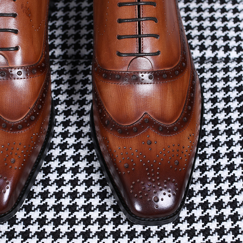 ISIRHONOUR ITALIAN STYLE BRITISH COWHIDE BROGUE CARVED MENS SQUARE TOE BUSINESS WEDDING SHOES FORMAL LEATHER SHOES