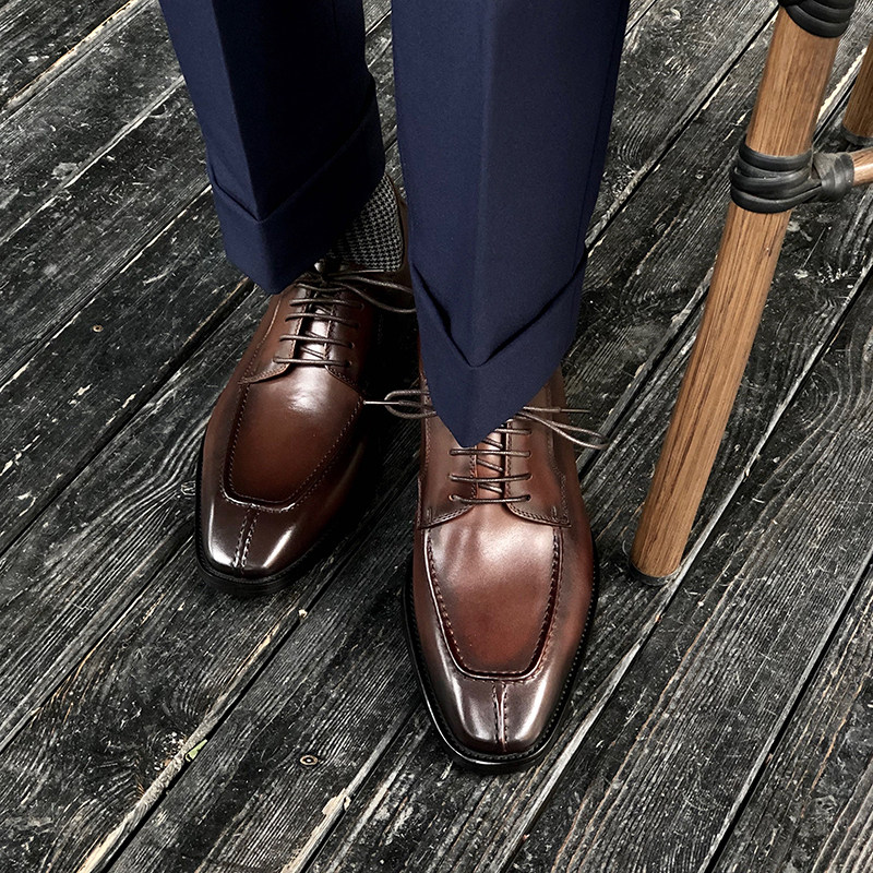 ISIRHONOUR ITALIAN-BRITISH HAND-BRUSHED LACE-UP SQUARE TOE MENS TOP LAYER COWHIDE SHOES BUSINESS FORMAL WEAR DERBY SHOES