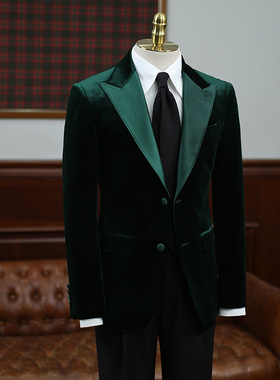 IsirHonour商务宴会结婚男主持人绿色金丝绒西装戗驳领拼色西服潮
