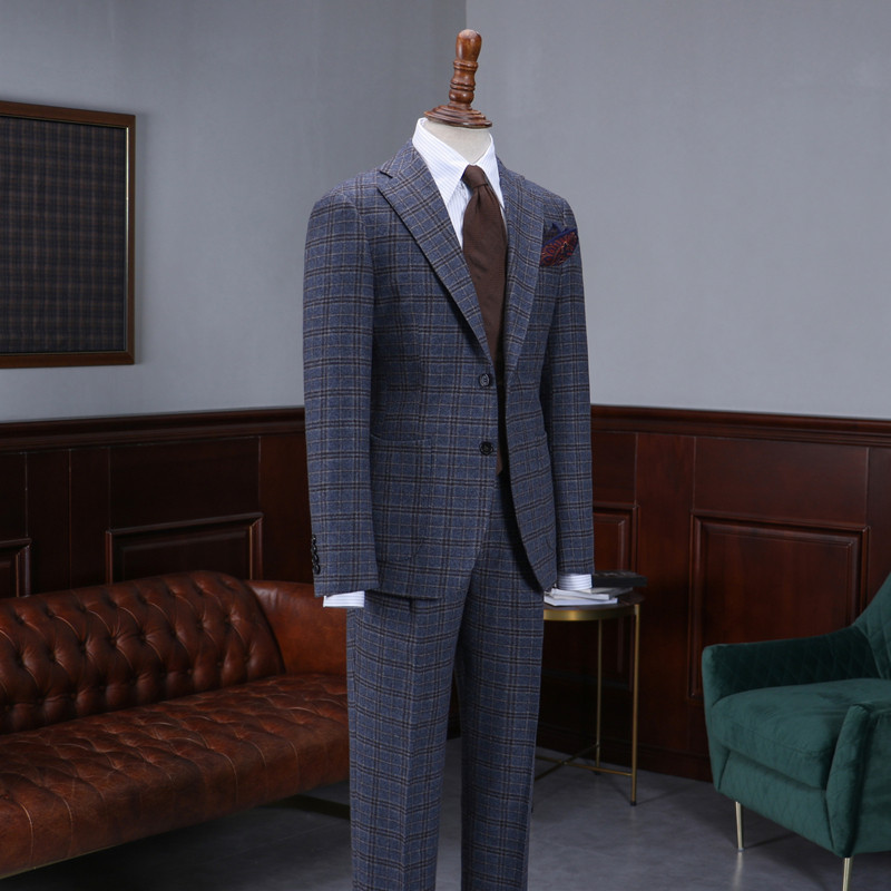 ISIRHONOUR LIGHT LUXURY ITALIAN WOOL BLEND VINTAGE BRITISH BLUE PLAID SLIM FIT SUIT MENS SUIT