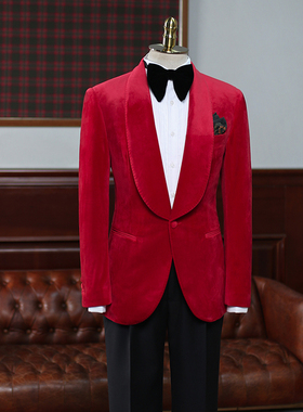 IsirHonour结婚宴会红色金丝绒青果领修身礼服西服男英伦绅士西装