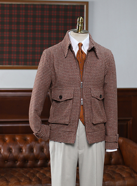 IsirHonour冬复古英伦咖啡细格子羊毛粗花呢翻领拉链男A2飞行夹克