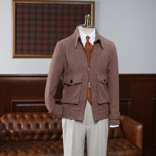 羊毛粗纺细格纹拉链A2飞行员夹克