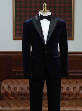 IsirHonour意式宴会商务正装蓝紫色金丝绒戗驳领西服套装结婚西装