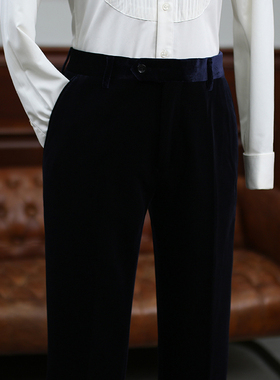 IsirHonour商务英伦正装蓝紫色金丝绒修身西裤秋冬男宴会长裤子男