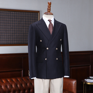 IsirHonour欧美藏青blazer双排扣修身 金属扣织带布雷泽西服男 西装