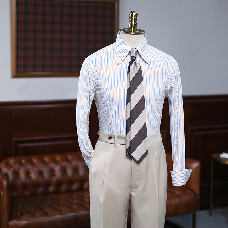 英伦风蓝条纹修身纯棉长袖衬衣