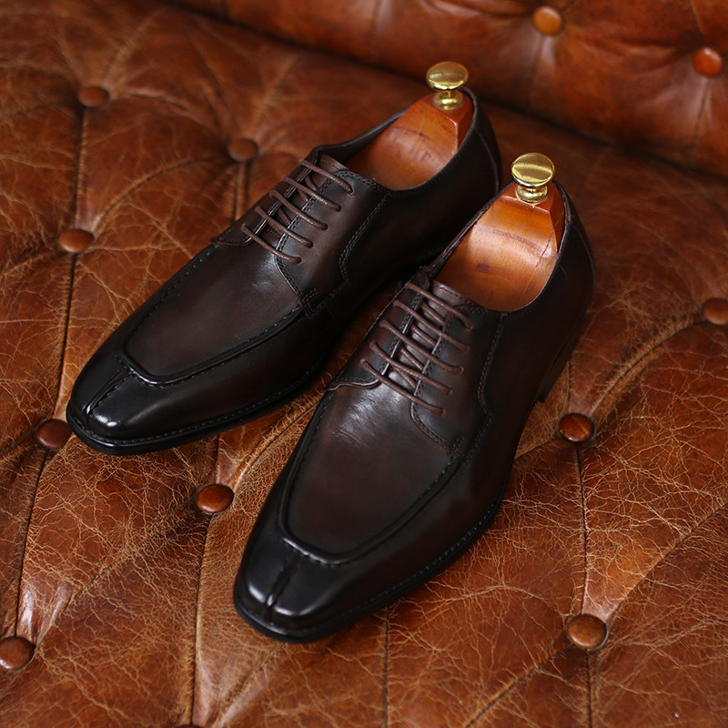ISIRHONOUR ITALIAN-BRITISH HAND-BRUSHED LACE-UP SQUARE TOE MENS TOP LAYER COWHIDE SHOES BUSINESS FORMAL WEAR DERBY SHOES