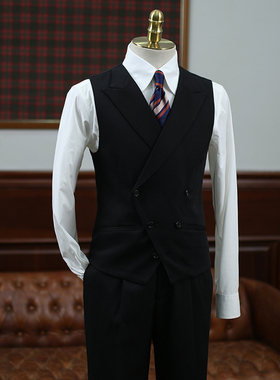 IsirHonour意式绅士黑色戗驳领双排扣精纺羊毛西装马甲男修身马夹