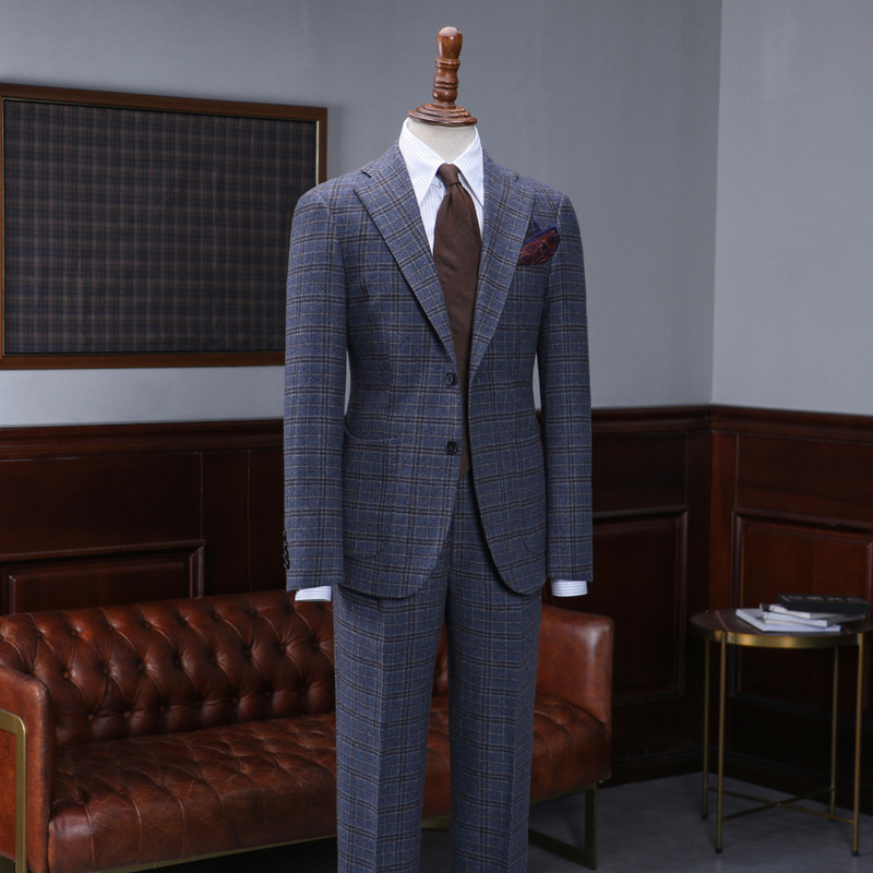 ISIRHONOUR LIGHT LUXURY ITALIAN WOOL BLEND VINTAGE BRITISH BLUE PLAID SLIM FIT SUIT MENS SUIT