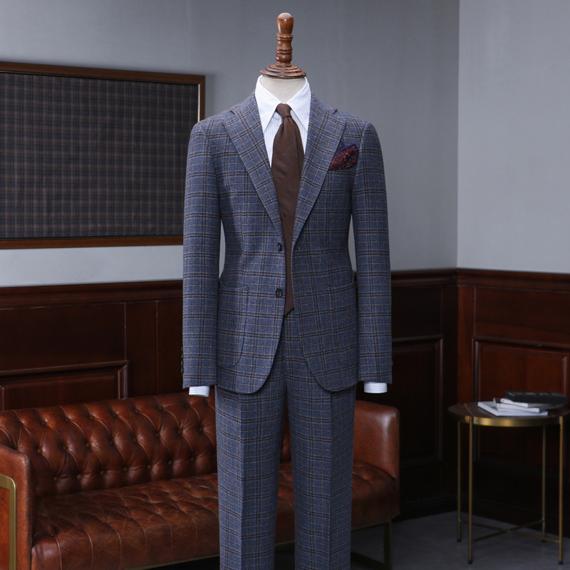 ISIRHONOUR LIGHT LUXURY ITALIAN WOOL BLEND VINTAGE BRITISH BLUE PLAID SLIM FIT SUIT MENS SUIT